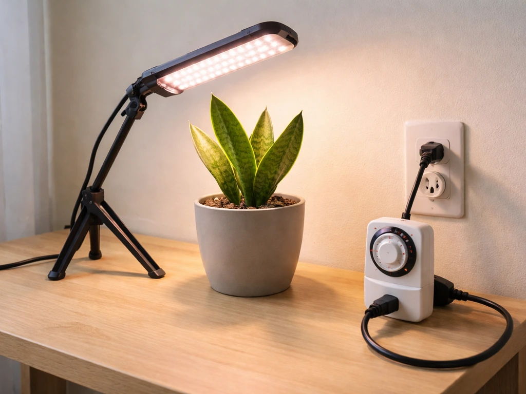 Timer-controlled grow light plugged into a wall outlet with a plant nearby in minimal home setup.