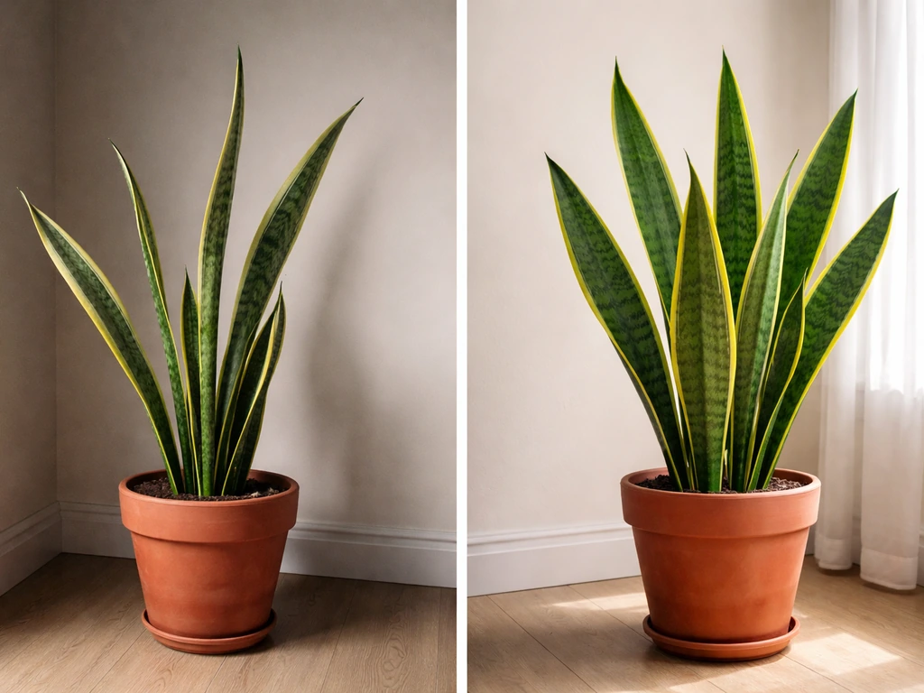 Split-screen photo: snake plant leaning toward dim light vs upright healthy growth by a bright window.