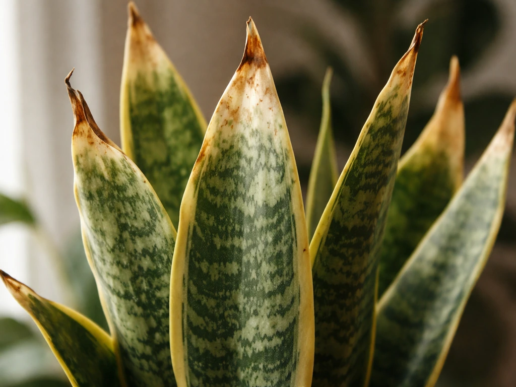 Close-up snake plant leaves with pale bleached patches and dry crispy tips from excessive grow light.