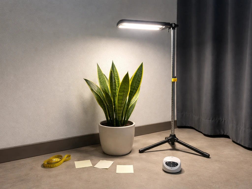 Grow light shining over a snake plant on a simple floor setup with a few neat staging items nearby.