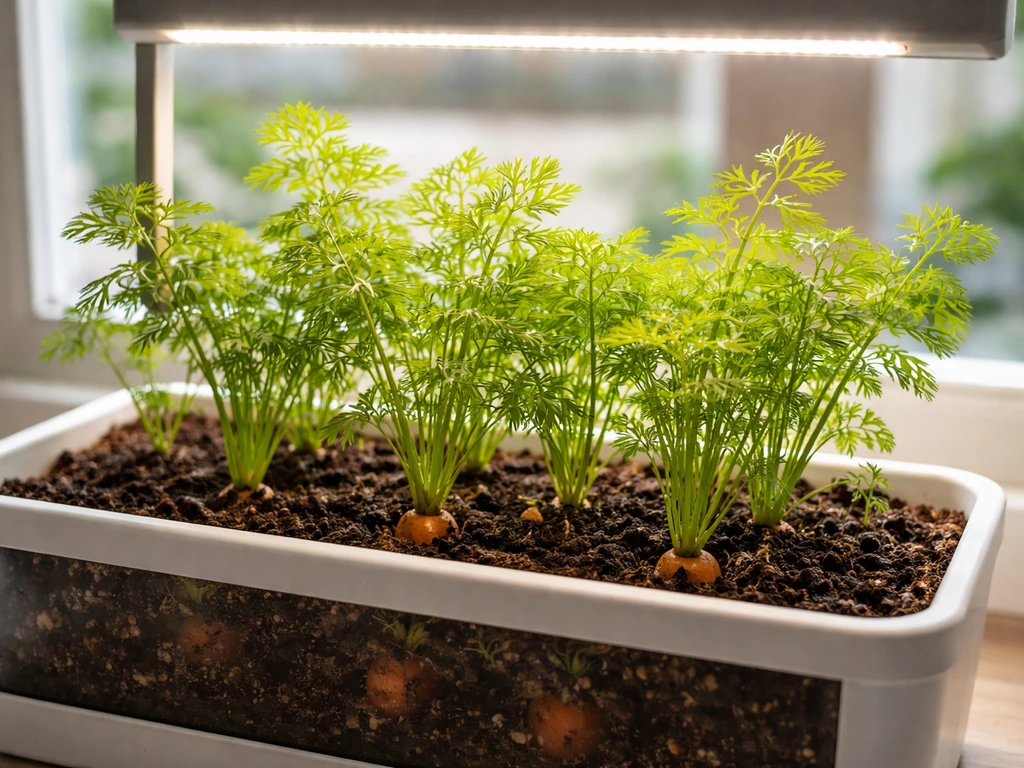 Indoor carrot seedlings thriving under a grow light in a simple pot beside a window.