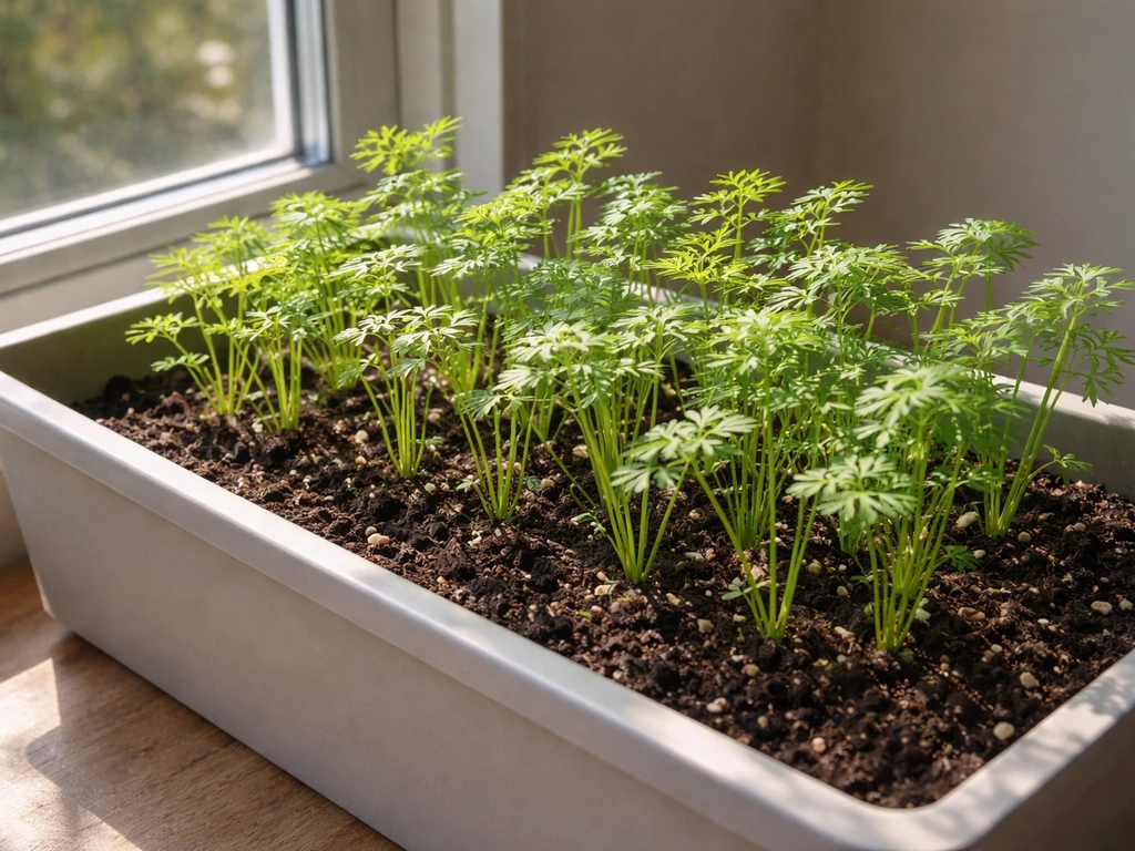 Indoor carrot seedlings in a container placed in bright direct sunlight near a window