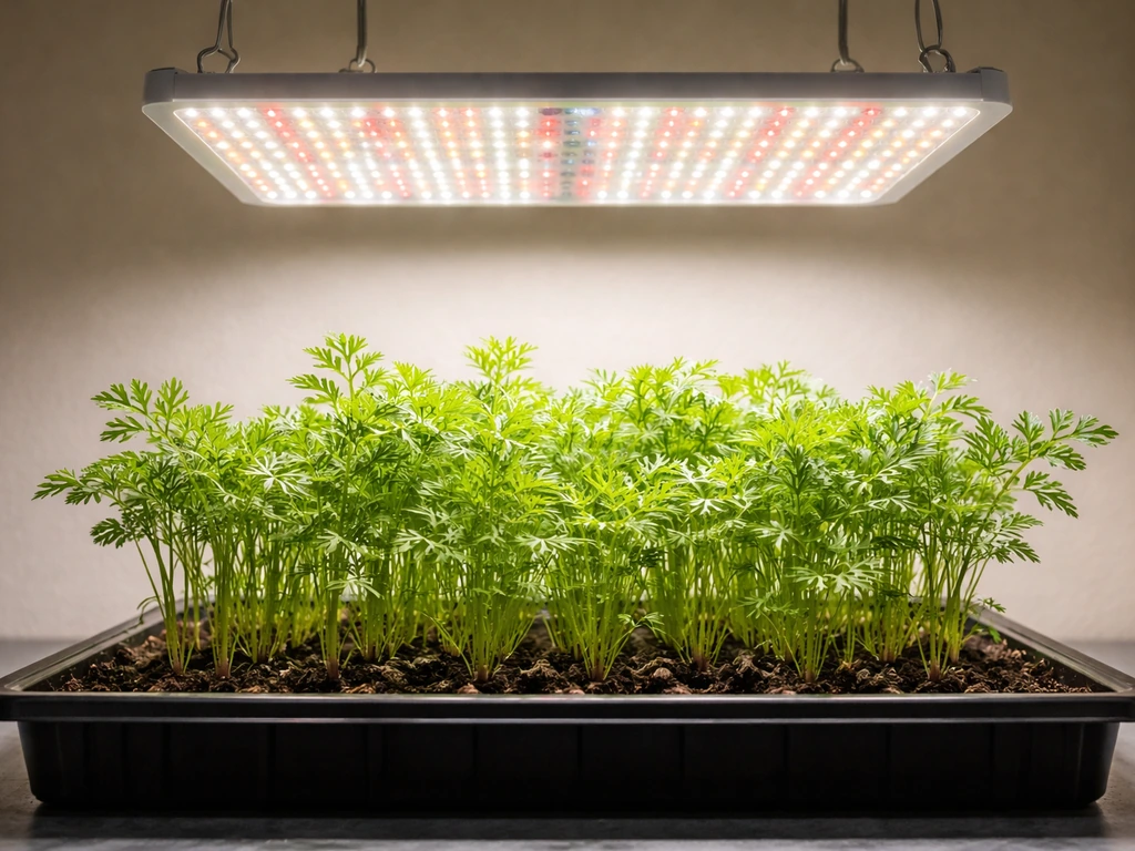 Close-up of a full-spectrum LED grow light positioned above a carrot tray, showing distance to the canopy.