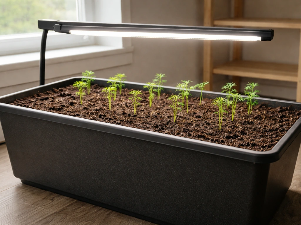 Indoor carrot seedlings in a deep container under a grow light with rich dark potting mix and visible soil depth.