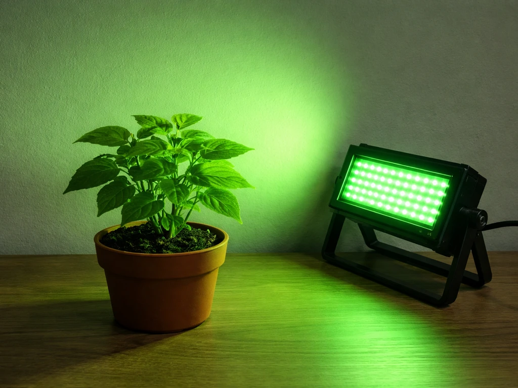 Single potted plant under a green-only LED glow in a minimal DIY grow setup.