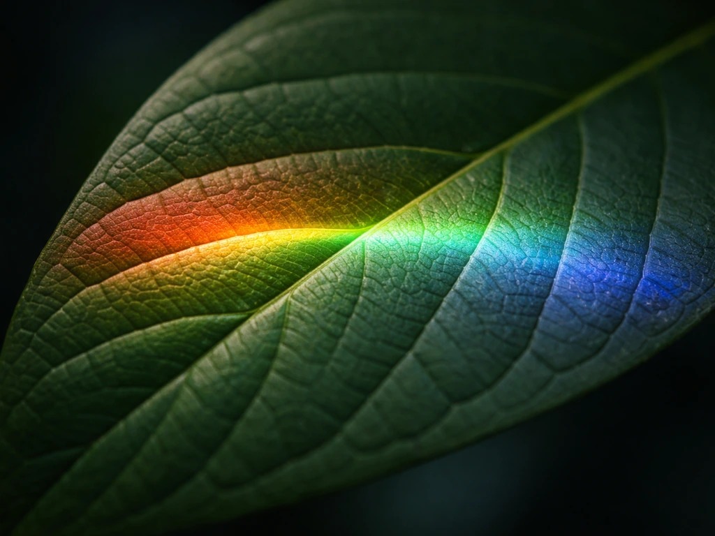 Close-up photo of plant leaf with a subtle color-light pattern showing red/blue absorption and a weaker green band.