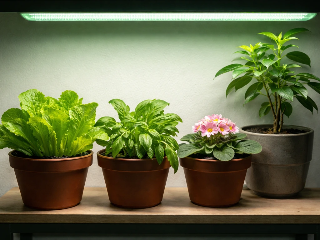 Assorted potted plants under green-heavy LED lighting, some looking healthy and others slightly stressed.