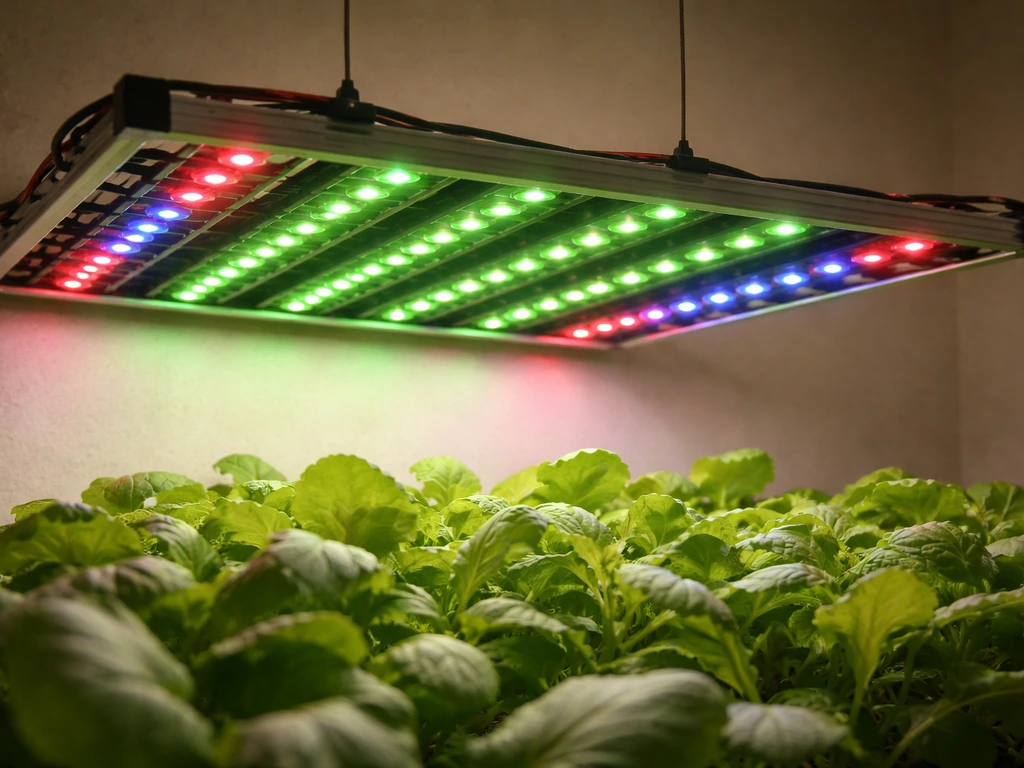 DIY grow light with added red and blue LED strips glowing alongside existing green lights over leafy greens.