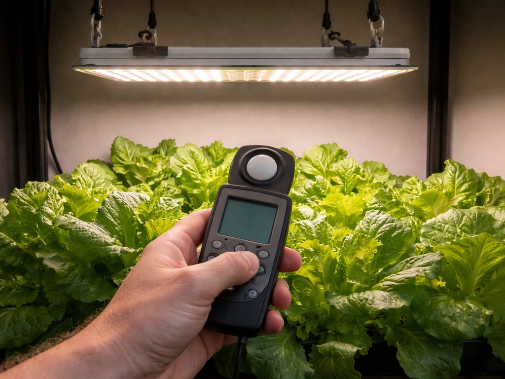 Person using a PPFD meter near grow lights over plants to dial in distance and intensity.