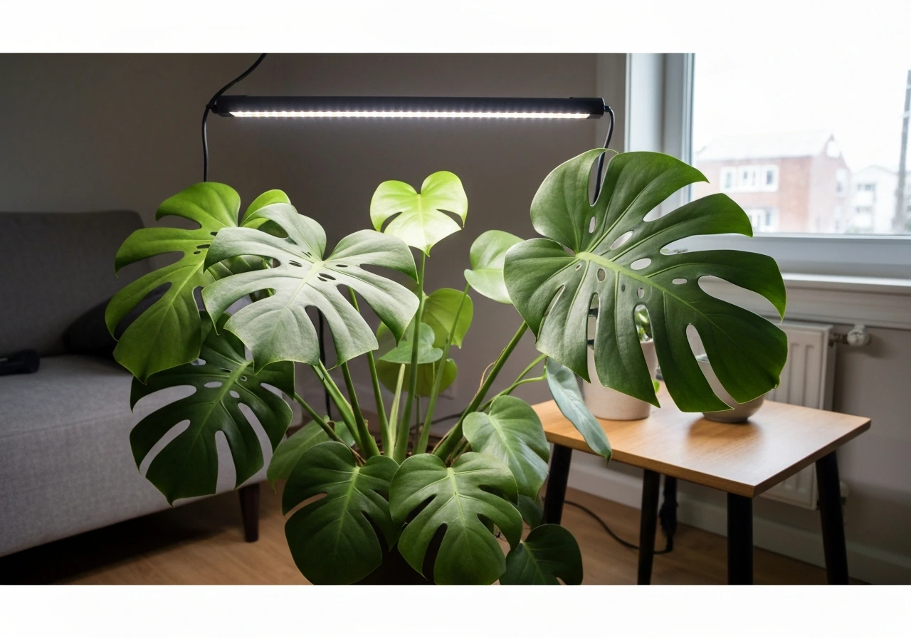 Monstera deliciosa under a visible LED grow light in a simple living room setting.