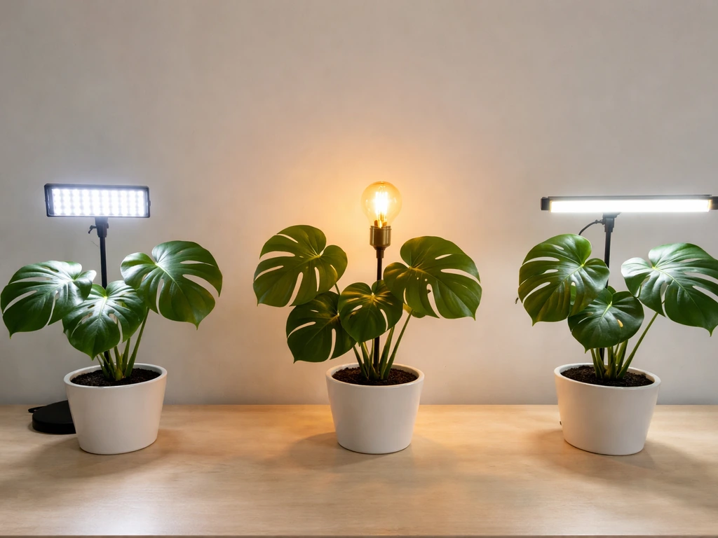 Monstera in a pot under different artificial lights: LED grow panel, warm bulb, and fluorescent.