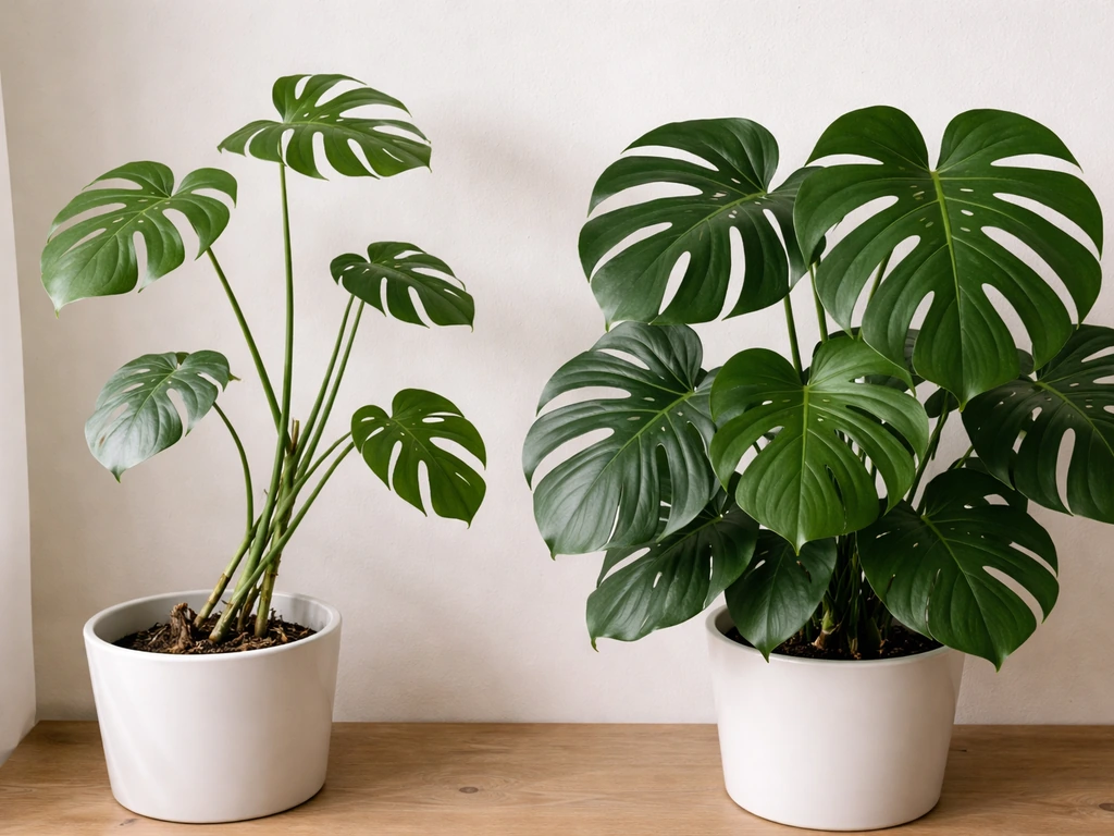 Split view close-up of Monstera: etiolation and smaller leaves in low light next to healthy dark green growth.