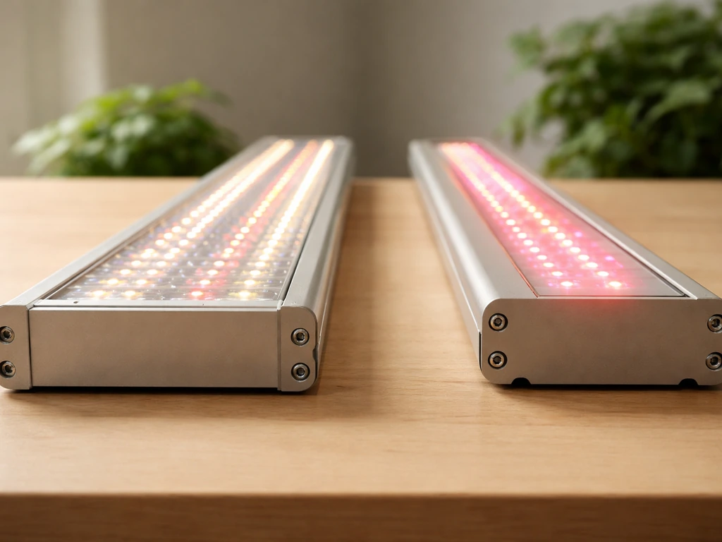 Side-by-side close-up of two LED grow fixtures on a bench, one full-spectrum panel and one simpler model