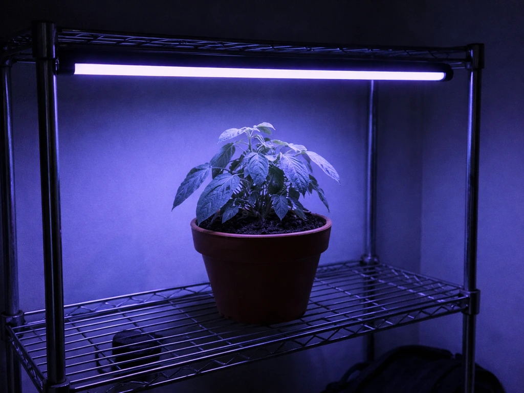Indoor plants under UV-A “black light,” bluish glow, stressed leaves and no healthy new growth.
