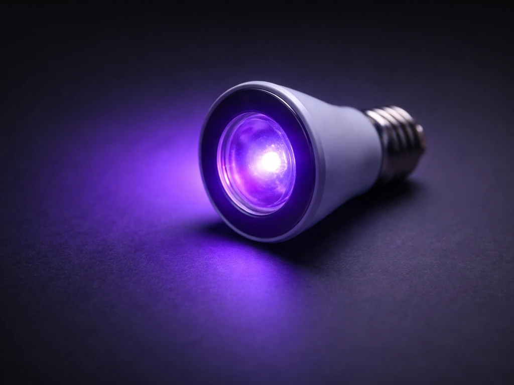 Close-up of a UV-A black light bulb and a faint violet glow suggesting the 365–405 nm range.