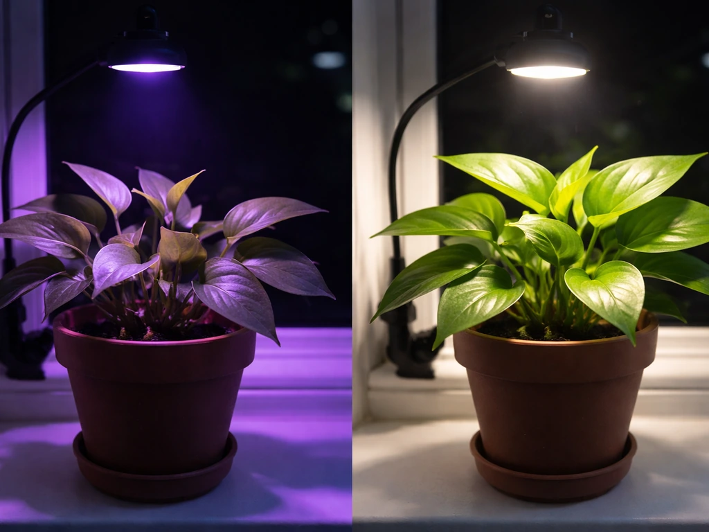 Two potted plants side-by-side: one under black light with limited new growth, the other under grow light thriving.