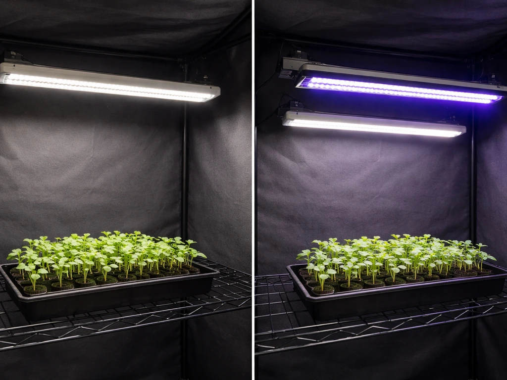 Side-by-side horticulture setup with full-spectrum grow light and angled UV-A supplement over plants