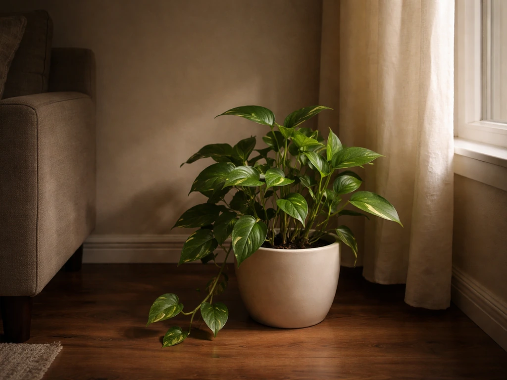 Healthy pothos leaves in a dim indoor corner with soft natural light