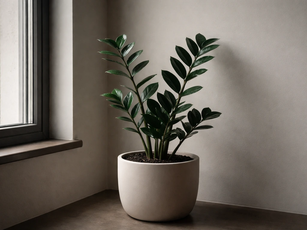 ZZ plant in a dim corner near a window, showing it surviving low light with soft shadows.