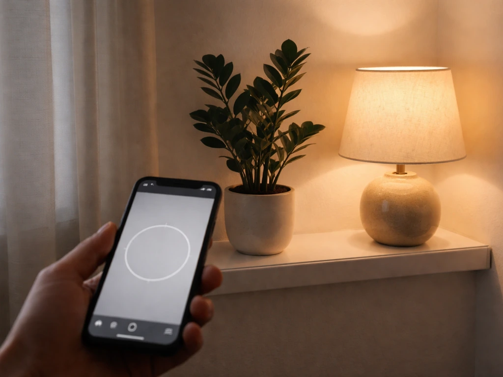 Hand holding a phone to measure light near a ZZ plant by a lamp on a windowsill.