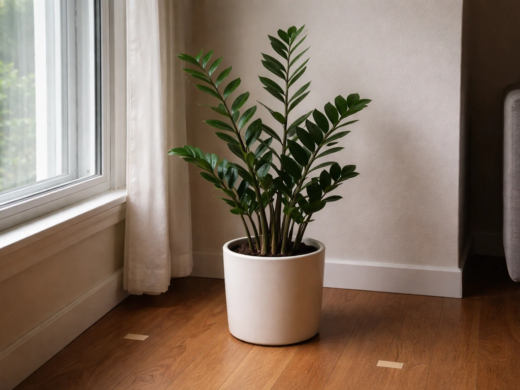 ZZ plant placed near a north-facing window, staged away from direct harsh sun in a dim corner