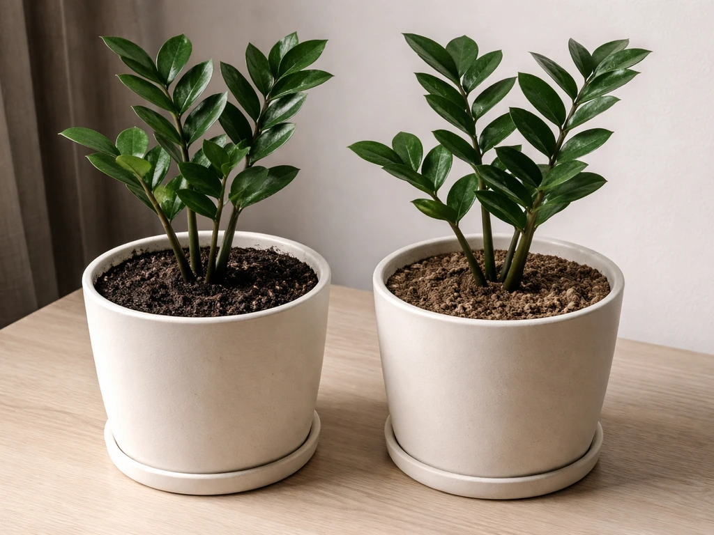 ZZ plant in dim room with one pot showing damp soil and another pot with properly dry, drained soil.