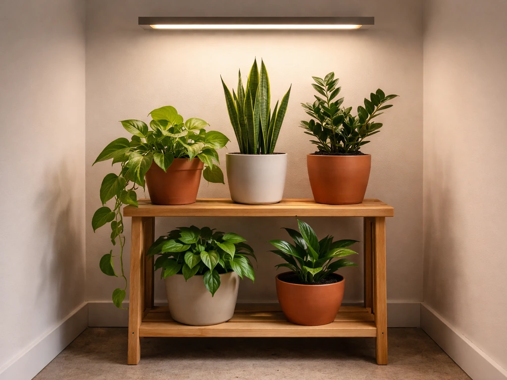 Low-light indoor plants thriving under a subtle LED grow light in a simple windowless room.