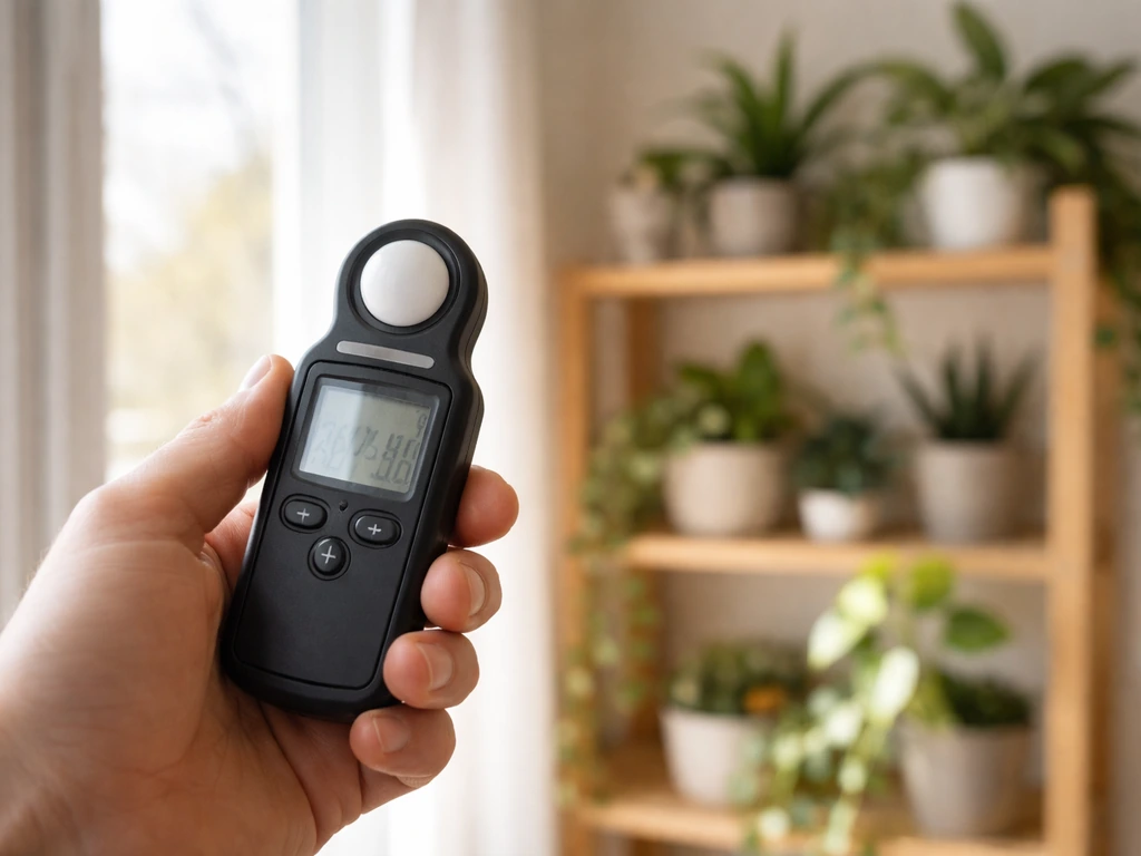 Hand holding a handheld lux meter at plant-shelf height near a window to estimate light level.