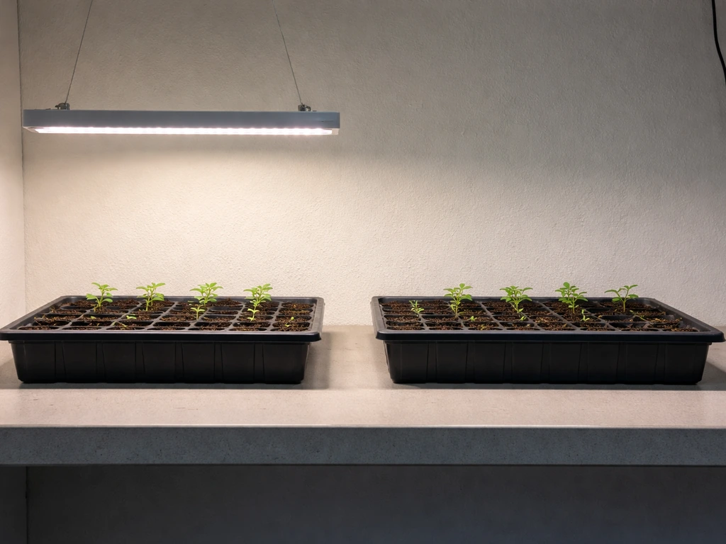 Two small plant trays at different distances from an LED grow light, showing placement and spacing.