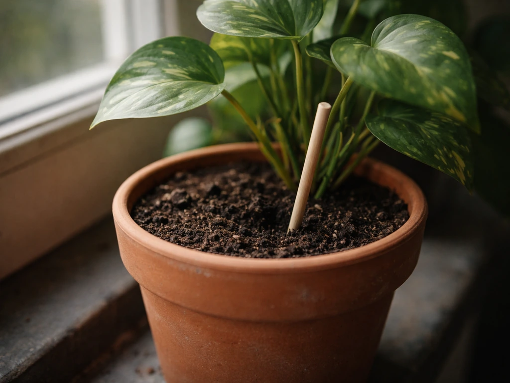 Close-up of a potted plant’s soil with dry top layer and moisture check skewer in low light.