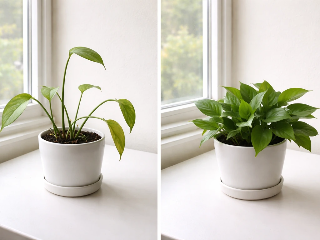 Two potted plants side by side: left leggy and sparse, right compact and healthy after more light.