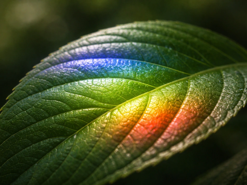 Close-up leaf surface with chlorophyll subtly glowing in different light colors, showing usable wavelengths.