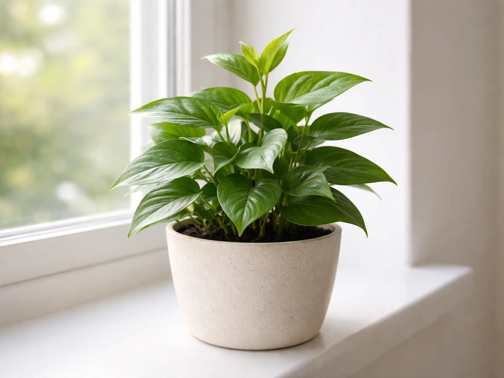 Close-up of a healthy potted plant in bright natural light with rich green leaves and compact new growth