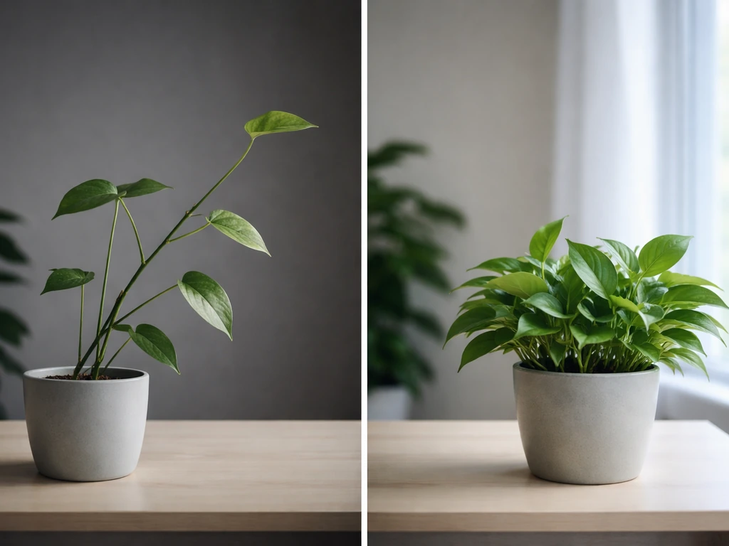 Side-by-side houseplants: one leggy with wide leaf spacing, the other compact near brighter light.