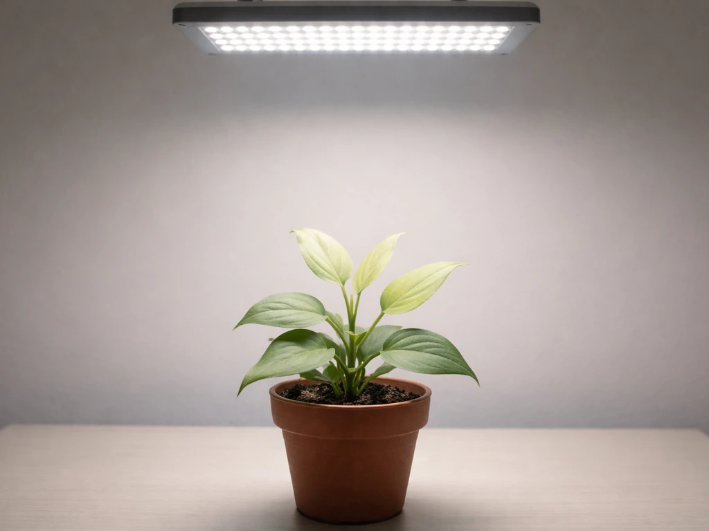 Pale new plant leaves under a distant LED grow light panel on a simple tabletop