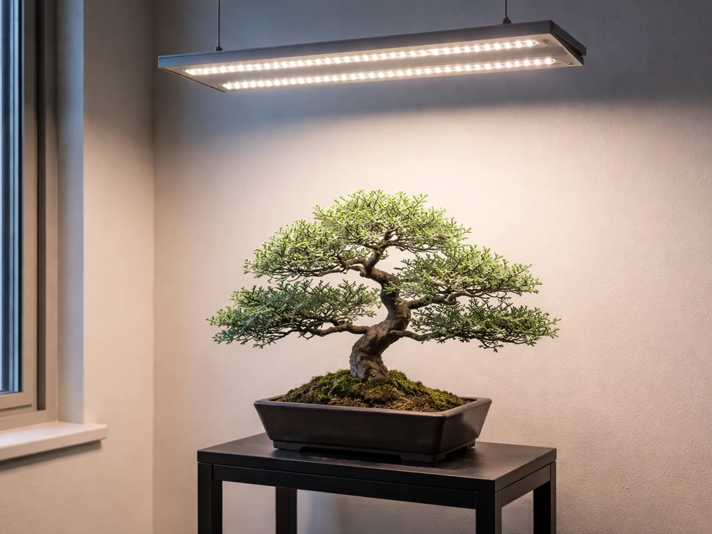 Small bonsai tree under a full-spectrum grow light in a quiet indoor room, LEDs overhead.