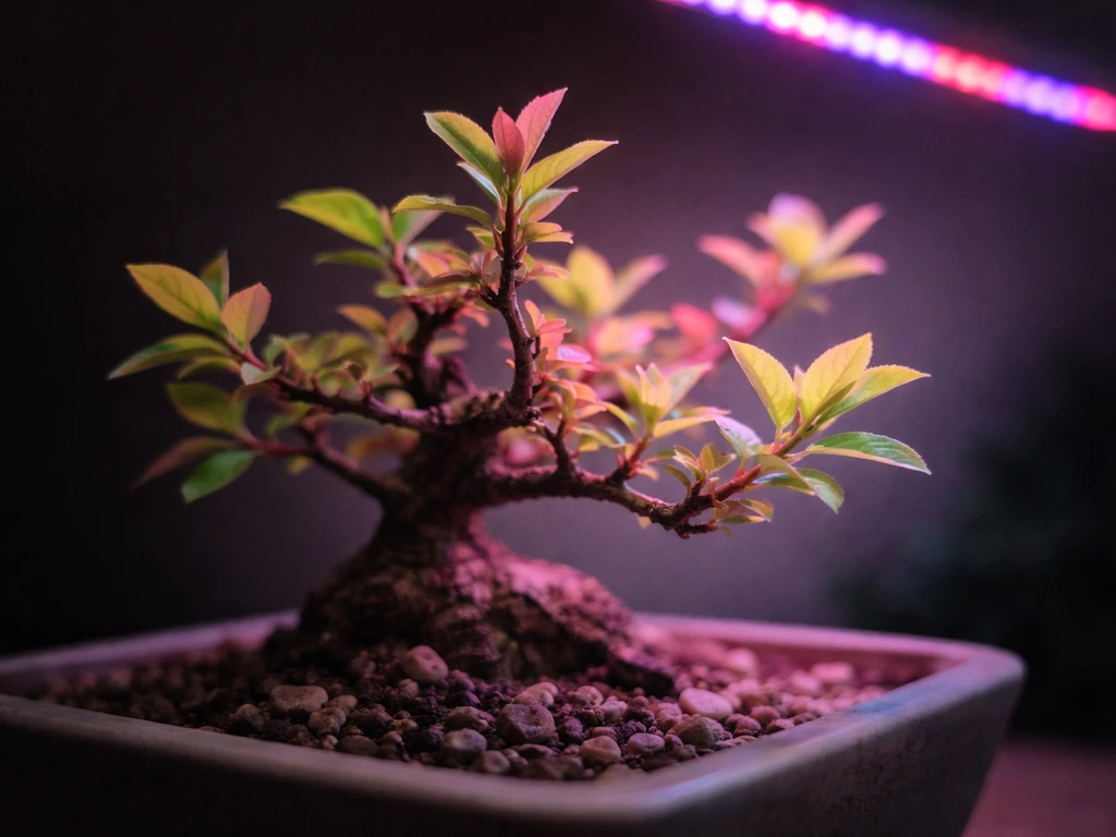 Close-up of a bonsai’s new leaves under red/blue grow light, showing light hitting foliage.