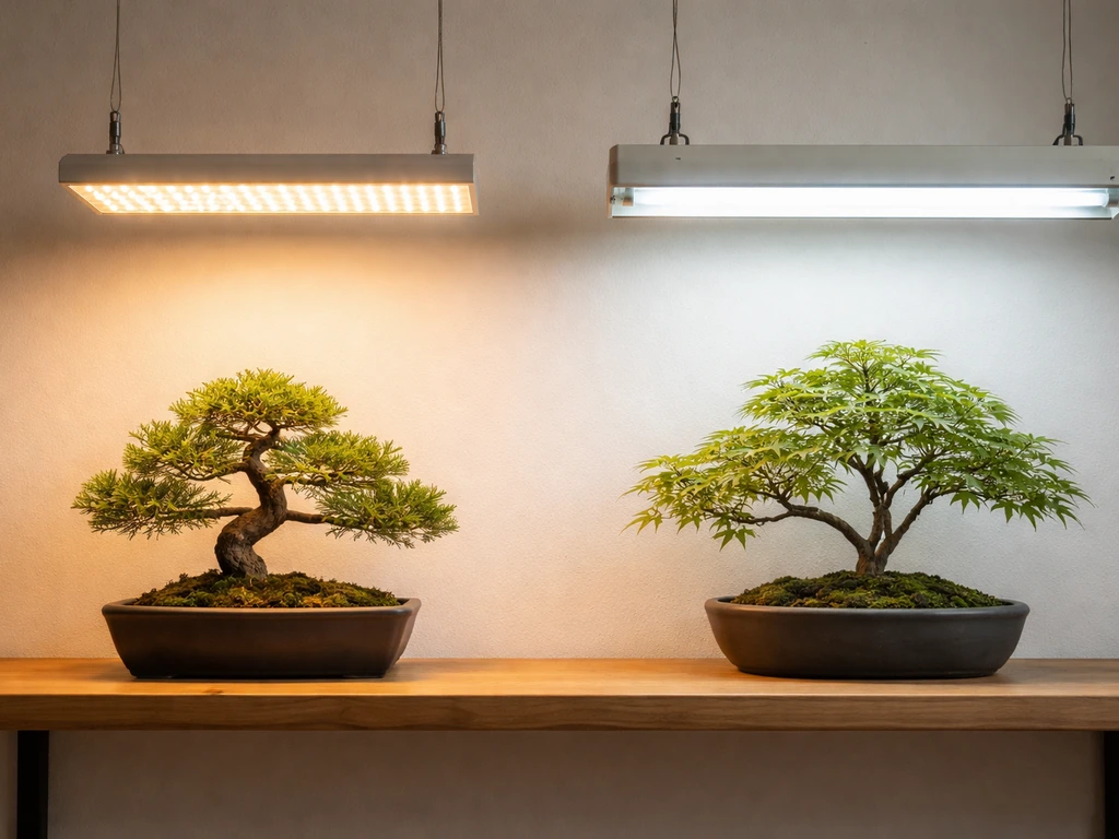 Full-spectrum LED panel and fluorescent fixture over two small bonsai trees on a simple shelf.