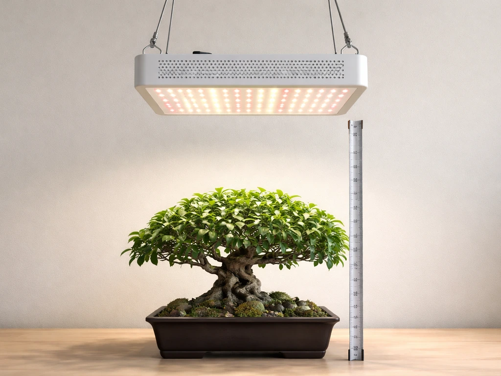 Side view of a compact LED grow light suspended 12–15 inches above a bonsai canopy with a tape measure reference.