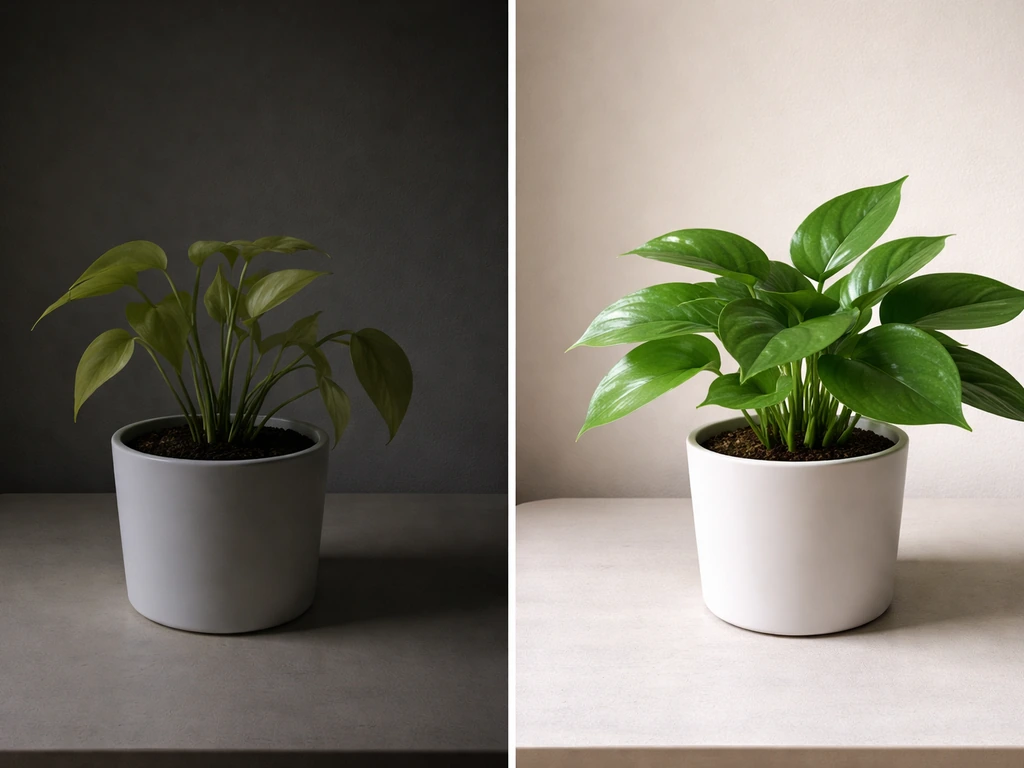Split image: one potted plant drooping pale in darkness, the other lush green under light.