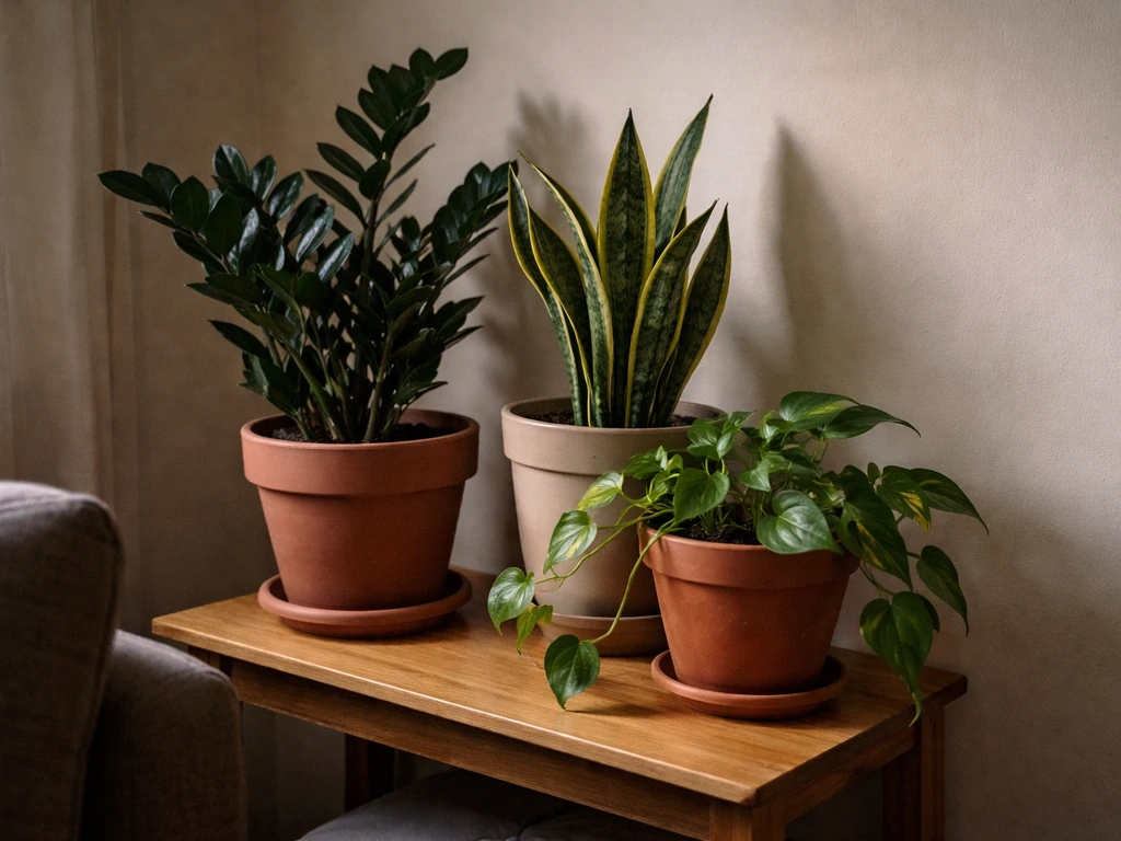 Low-light houseplants (ZZ plant, snake plant, pothos) in pots on a side table away from direct sun.