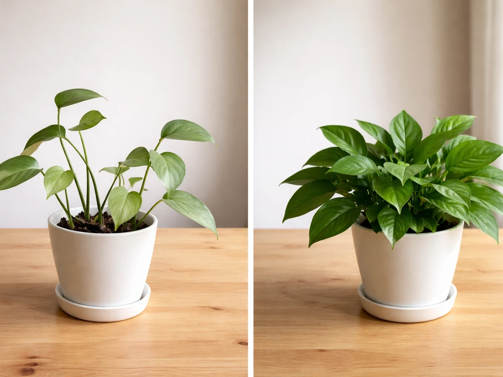 Split scene of an underlit plant with leggy stems and pale leaves next to a compact healthy plant