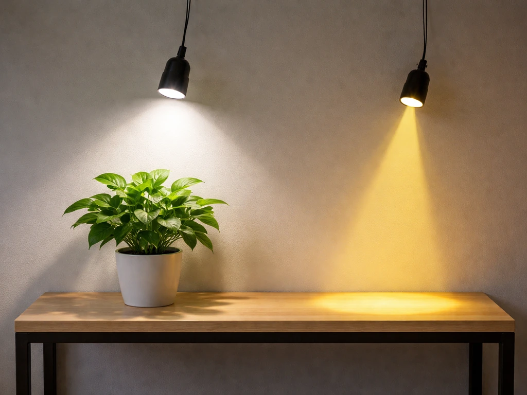 A potted plant lit by broad white grow light, with a separate narrow yellow beam nearby for contrast.