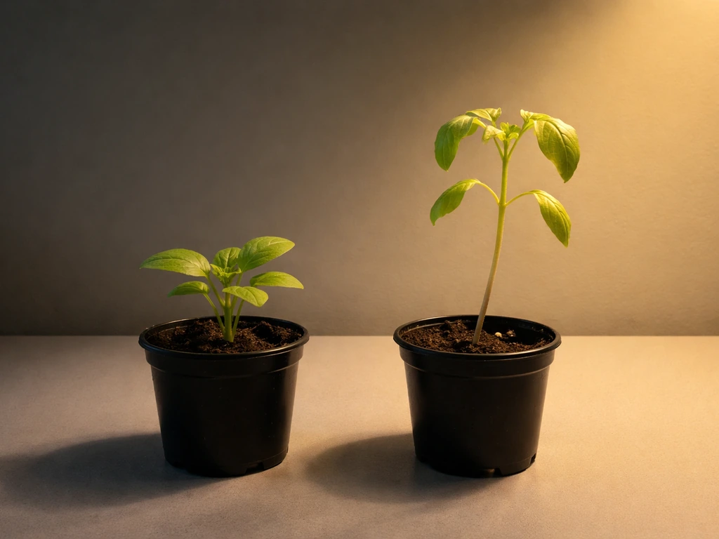Side-by-side plants: yellow-light seedling looks leggy and pale, control plant is compact and leafy.