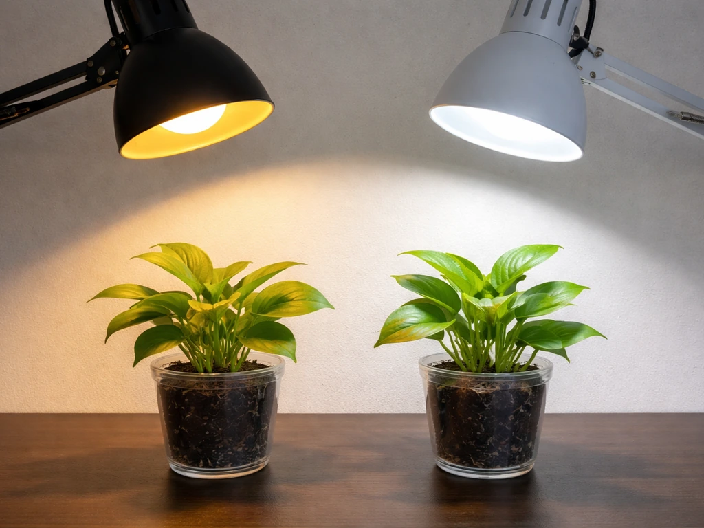 Two small potted plants on a desk, one under yellow LED light and one under full-spectrum light.