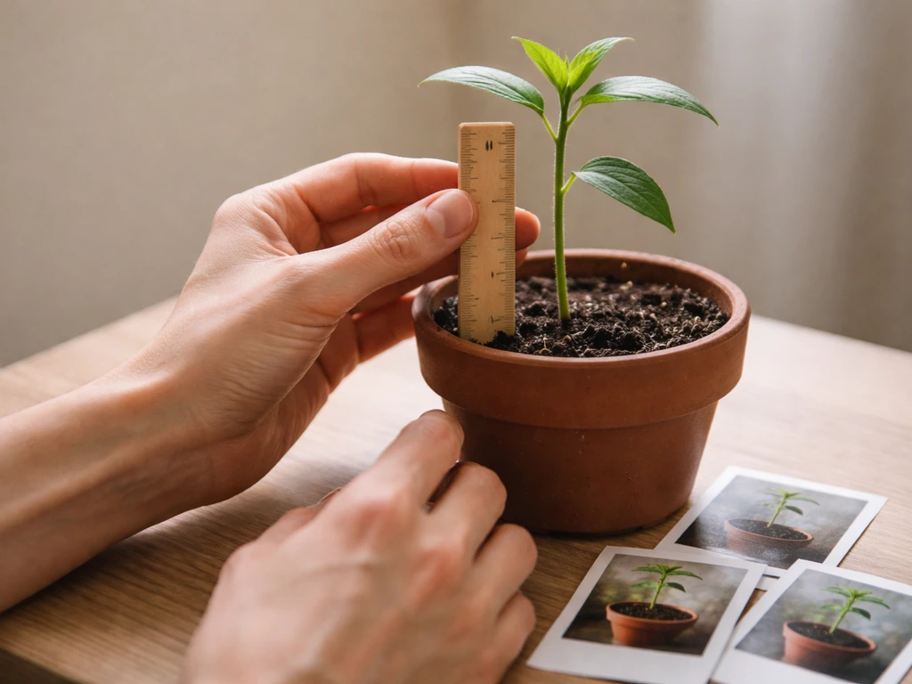 Hand using a ruler to measure a plant stem while photos of the plant sit beside it