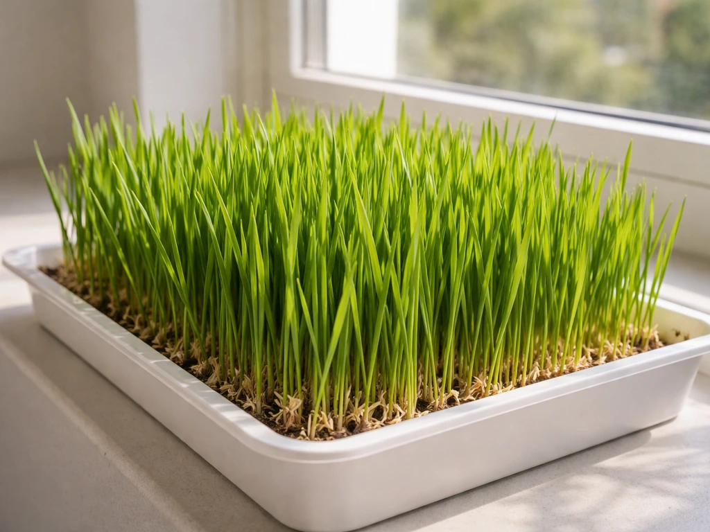 Healthy indoor grass blades growing in a tray by a bright window