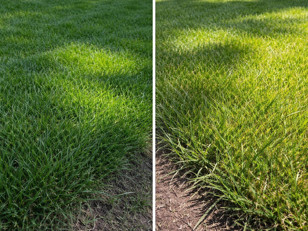 Close-up side-by-side grass patches: shaded grass looks cooler green, sun grass shows bleached tips and sharper shadows.