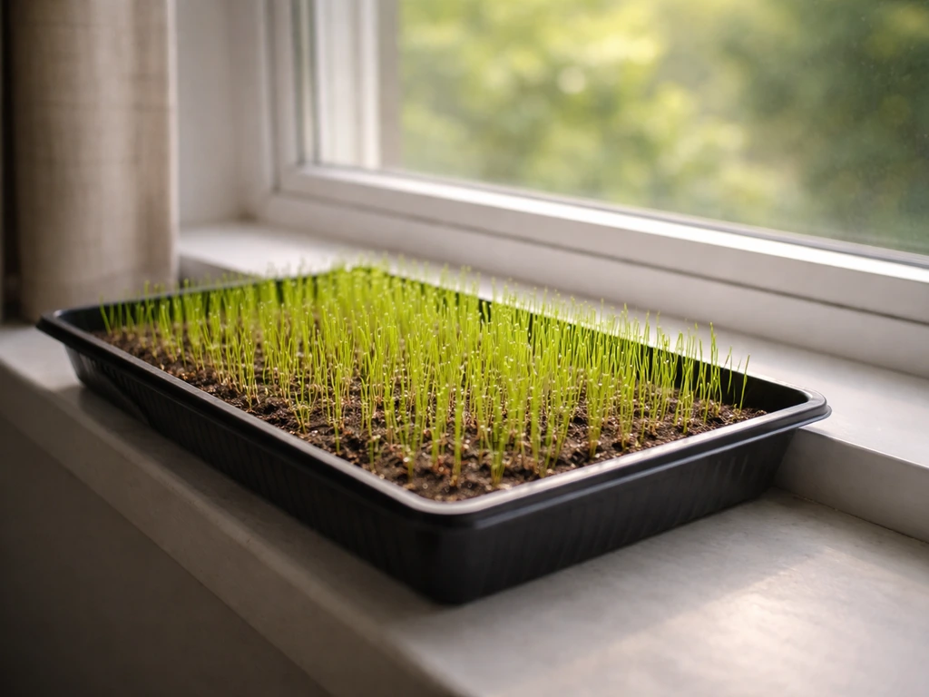 Indoor grass seed tray by a sunny window with brighter light near the glass and dimmer light farther away.