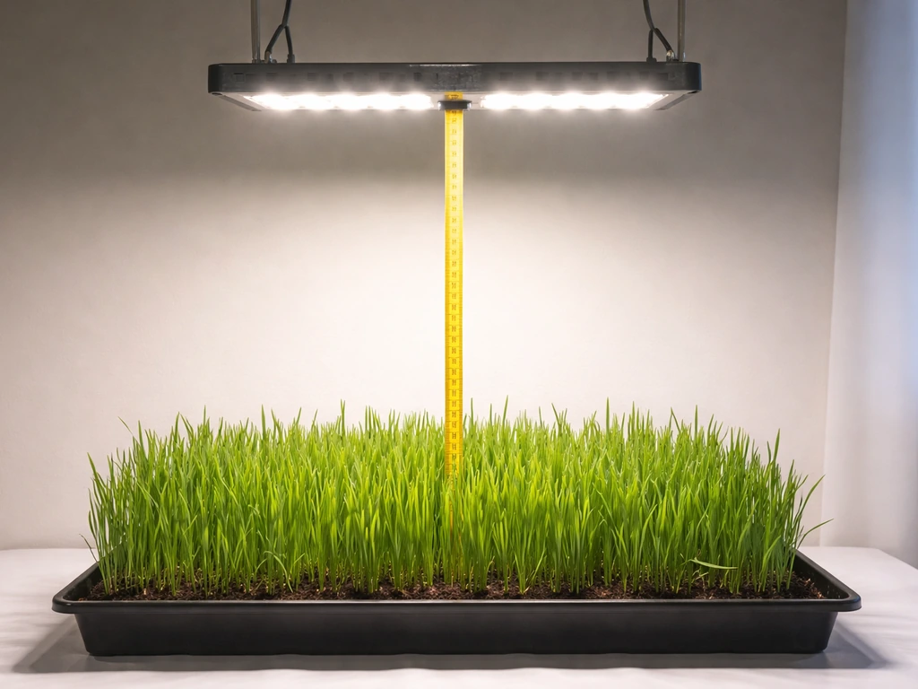 Measuring tape showing 6–18 inches above a grass canopy under a hanging grow light